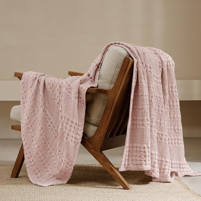 PHF Lightweight 100% Cotton Waffle Throw Blanket for Couch, Pink | Pre-Washed Soft Cotton Comfort, Breathable Layering Warmth for Fall & Winter, Office, Travel, Sofa, Home Decor & Gifts