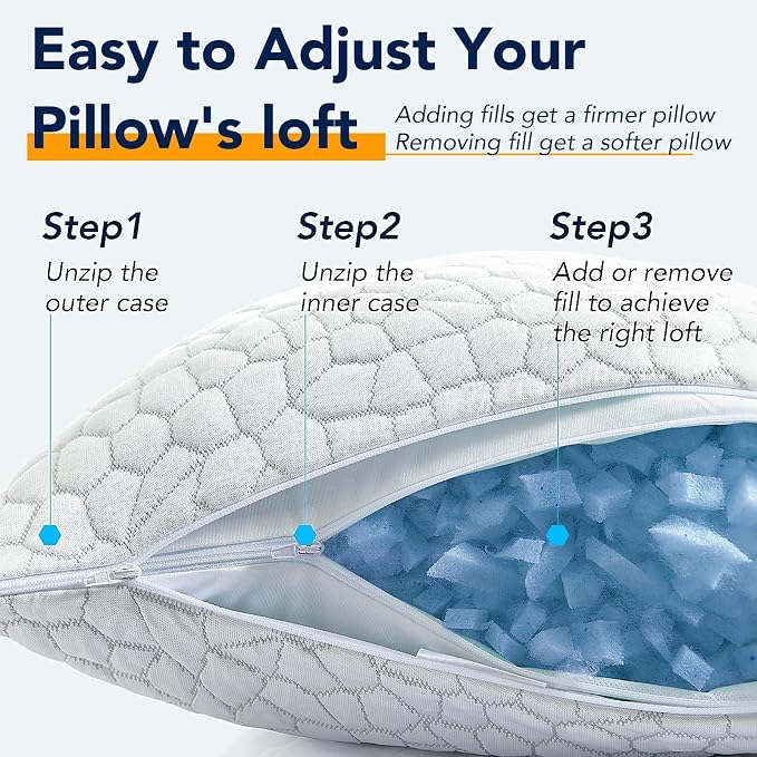 QUTOOL Cooling Pillow for Sleeping, CertiPUR-US Shredded Memory Foam Queen Pillow Set of 1, Cool Pillow for Hot Sleepers Adjustable Firm Pillow for Side, Back, Stomach Sleepers Soft Yet Support, White