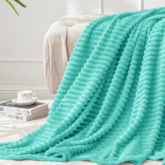 BEDELITE 3D Ribbed Jacquard Aqua Fleece Twin Blanket for Couch, 60x80 Inch | Soft Warm Fluffy Blanket for Bed Sofa College Dorm Room Decor, Luxury Cozy Plush Birthday Gifts for Women Girls, Lightweight