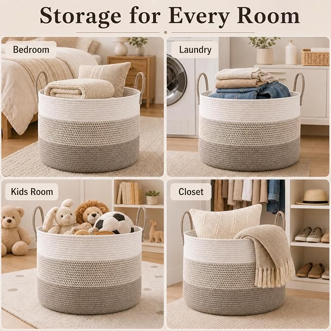 JMvicyroam 65L Extra Large Machine Washable Cotton Rope Blanket Basket | Collapsible laundry hamper, Reinforced handles, For blankets,pillows,toys and clothes, Living room and bedroom,White&BrownMix
