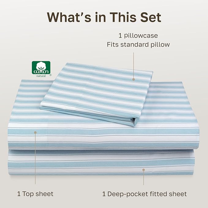California Design Den 100% Cotton Sateen Twin Size Sheet Set, 3 Pc Set | 400 Thread Count Backed by Good Housekeeping Seal, All-Around Elastic, Easy Care, OEKO-TEX certified, Cape Stripe Blue Print