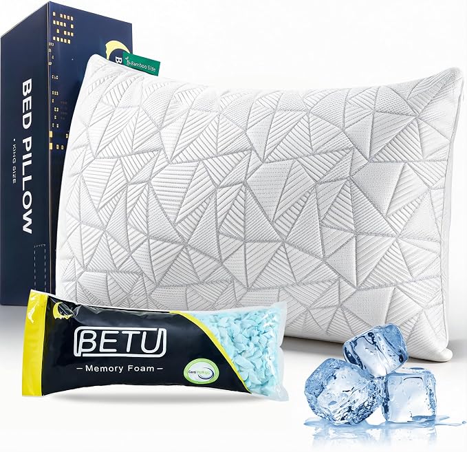 BETU Standard Pillow, Cooling Shredded Memory Foam Pillow for Hot Sleepers College Dorm Room Essentials, Adjustable Firm Gel Cool Pillow for Back Pain and Side Sleeping, Birthday Gifts for Boyfriend