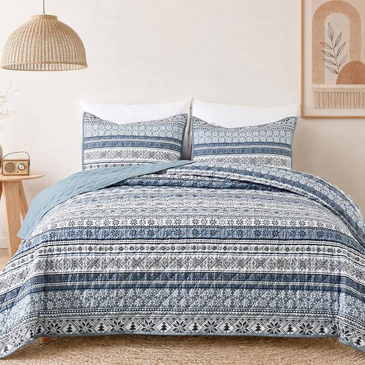 Boho Queen Quilt-Bohemian Quilts Queen Size Quilt Bedding Set | Reversible Lightweight Farmhouse Rustic Diamond Stitch Coverlet for All Seasons, 3 Pieces, Blue, 90"x94"