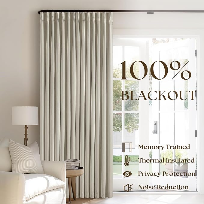 Oatmeal Linen Blackout 120 Inch Curtains for Living Room 2 Panels | Pinch Pleated Back Tab Drapes, Thermal Insulated Full Black Out, Noise Reducing, W40xL120 Curtains for High Ceiling to Floor