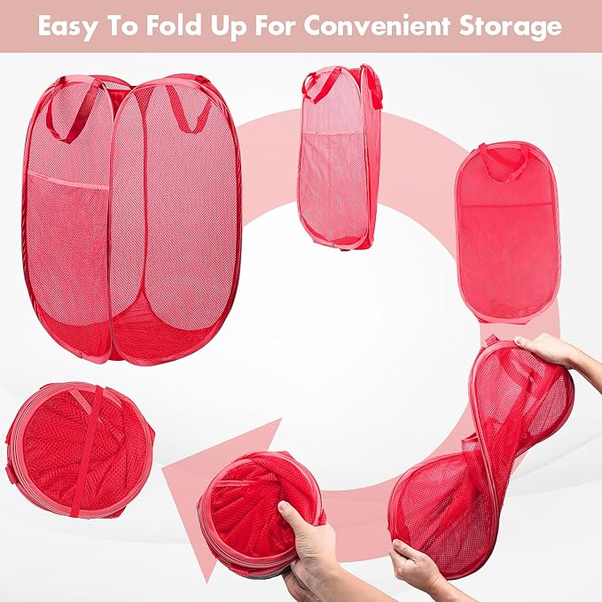 Pop Up Laundry Hamper, 70 L Collapsible Mesh Basket with Side Pocket, Red | Reinforced handles, breathable fabric, foldable, portable for dorm college travel camping cruise, dirty clothes, toys storage