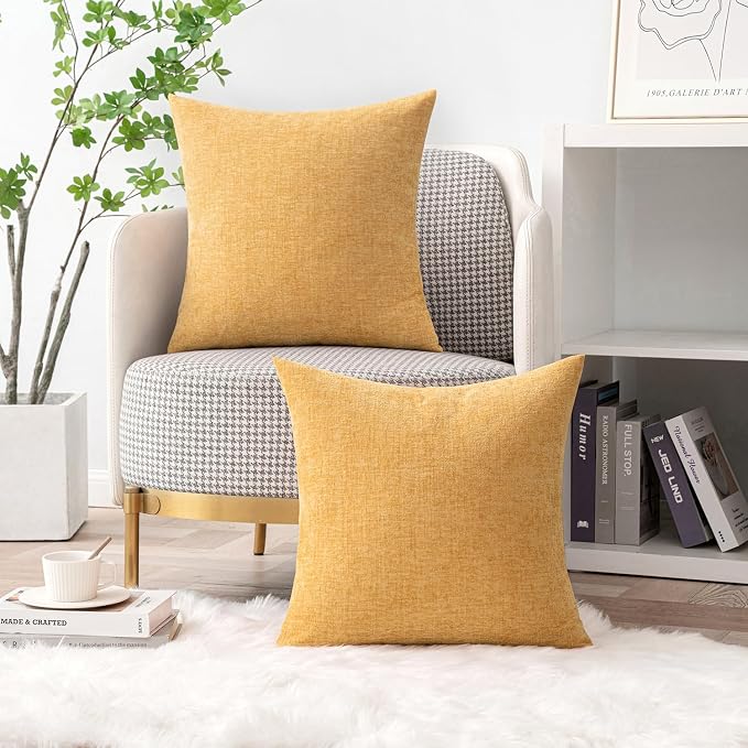 MIULEE Soft Chenille Throw Pillow Covers Beige Yellow 20x20 Inch Pack of 2 | Modern Home Decor, Classic Decorative Pillows, Solid Dyed Cases, Boho Couch Cushion Covers for Sofa Bed Living Room