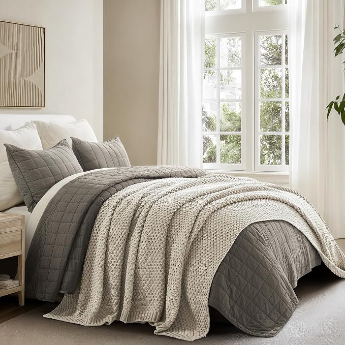 EVERGRACEHOME Chunky Chenille Knit Throw Blanket, 108x92, Warm Gray | Sculpted Moss Stitch, Chic Modern Farmhouse, All-Season Warmth, OEKO-TEX® Certified, Oversized King for Couch, Bed, Sofa