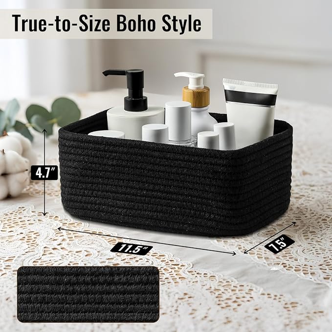 8 Pack Small Storage Baskets for Organizing, Woven Rope Bins for Bathroom, Closet, Shelf Organizer, Cute Cube Decorative Box for Towels, Baby Nursery, Toys, Gift Empty Baskets - 11.5"x7.5"x4.7"-Black