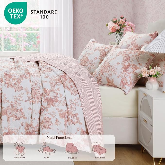 Twin/Twin XL Quilt Set-2 Pieces Soft Bedding Floral Reversible Coverlet | All Seasons Lightweight Quilts Queen Size for Bed, Breathable Vintage Bedspread with Sham, Dusty Rose Pink