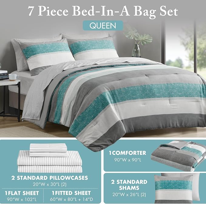 Madison Park Essentials Queen Comforter Set, Bed in A Bag Comforter & Sheet Set, Modern Casual Stripes Print, All Seasons, Soft Microfiber Bedding Makeover, Matching Shams, Queen Aqua/Grey 7 Piece