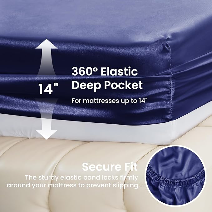 Love's cabin Satin Queen Sheets Set - 4 Piece Navy Blue Silky Bed Sheets with Deep Pocket, Luxury Silk Feel Satin Queen Size Sheet Set (1 Flat Sheet,1 Fitted Sheet,2 Pillow Cases)