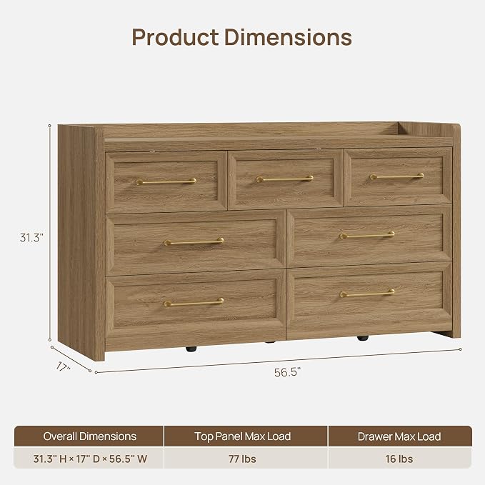 SICOTAS Dresser for Bedroom with 7 Drawers, 56.5" Wide Large Modern Dresser | Chest of Drawers for Living Room, Closet Clothes Storage Organizer Smooth Sliding Drawers, Brown Oak