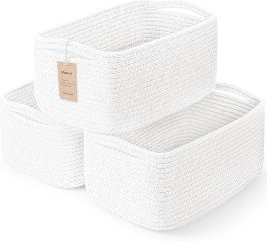 3 Pack Small Storage Baskets for Organizing, 11.8×7.8×5.1", White | Woven Baskets for shelves, Cotton Rope Basket for Gifts Empty, Closet Organizer Bins with Handles, Cube Decorative Box