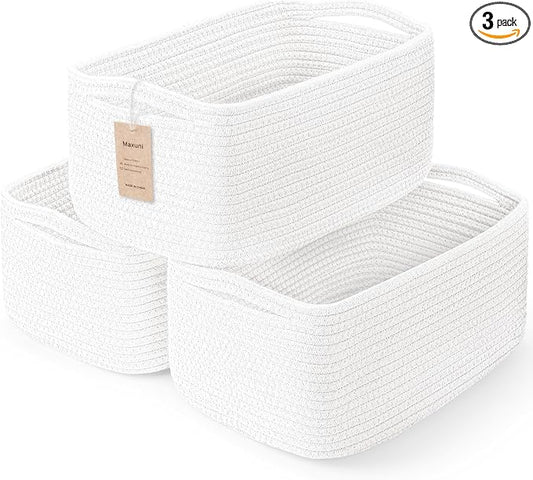 3 Pack Storage Baskets for Organizing, 13.7×9.5×6.3", White | Woven Baskets for Shelves, Cotton Rope Basket for Gifts Empty, Closet Organizer Bins with Handles, Cube Decorative Box