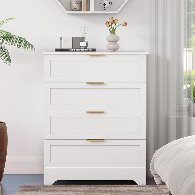 FTZxHKLX White 4 Drawer Dresser for Bedroom, Modern Chest of Drawers | Tall Bedroom Dresser with Large Drawer, Wooden Storage Dresser, Chest of Drawer for Closet, Living Room, Hallway, Nursery