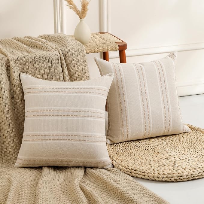 Hckot Decorative Khaki Pillow Covers 18x18 Striped Throw Pillows | Textured Linen Pillow Covers Farmhouse Decor Cushion Covers for Couch Bed Living Room Neutral Cream Outdoor Pillows