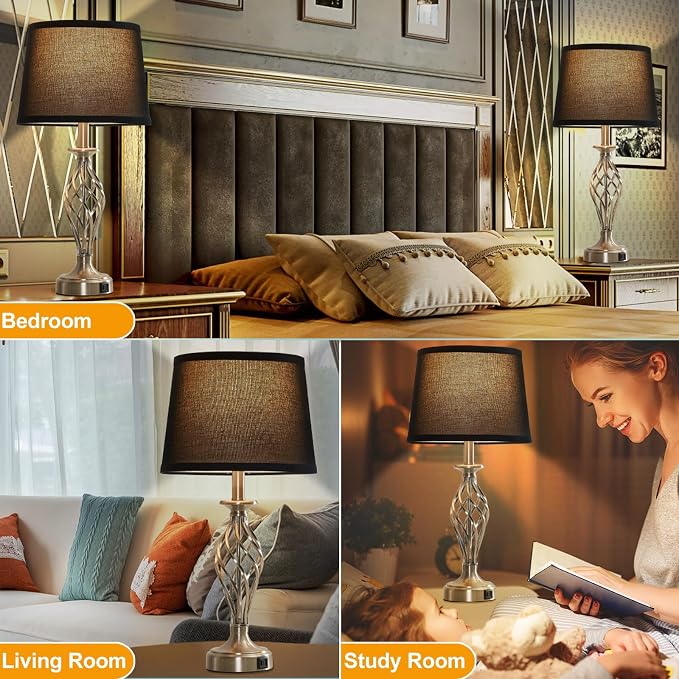 Table Lamp for Bedroom Set of 2 with USB C+A Ports,Modern Night Stand Lamps | Silver Bedside Lamps with Spiral Cage Base,Black Fabric Shade,Lamp for Living Room Reading Bed Side End Table,Bulbs Included