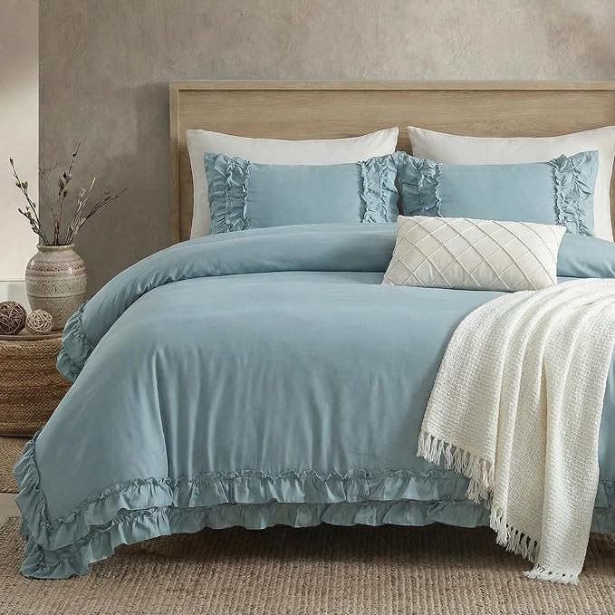 Grayish Blue Duvet Cover Queen Vintage Ruffled Bedding Shabby Chic Boho Bedroom Decor Super Soft All Season Ruffle Duvet Cover Set