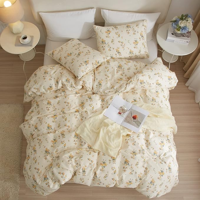 mixinni Aesthetic Floral Duvet Cover Set King Size, Farmhouse Boho Yellow Flowers Leaves Cute Bedding Set for Women, 1 Soft Cotton Chic Duver Cover and 2 Pillowcases for All Seasons-King Size