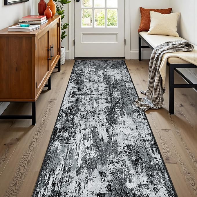 RELEANY Washable Runner 2'x8' Abstract Area Rug for Hallway Black White | Carpet for Kitchen, Entryway, Bathroom, Living Room, Bedroom, Printed Pattern, Non‑Slip, Soft, Stain‑Resistant, Easy to Clean