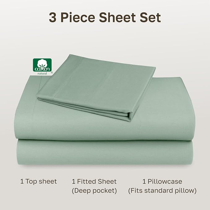 Soft Natural 100% Cotton Sateen Twin Bed Sheet Set, 3 Pc Set, Frosty Green | Backed by Good Housekeeping Seal, Light & Breathable For Hot Sleepers, All-Around Elastic, Durable, Easy Care