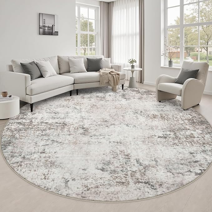 Round Area Rug Living Room: 8 ft Modern Washable Carpet Brown | For Bedroom Dining Room Farmhouse Nursery Hallway Office,Modern Abstract,Machine washable,Non-Slip,Stain Resistant,Indoor