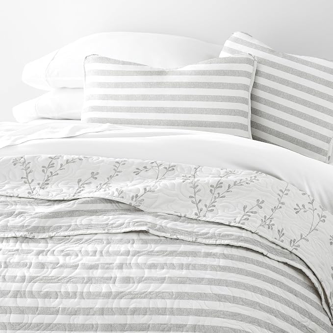 Merit Linens Soft Quilt Coverlet Bedding Set - Reversible Patterns - Full/Queen Light Gray