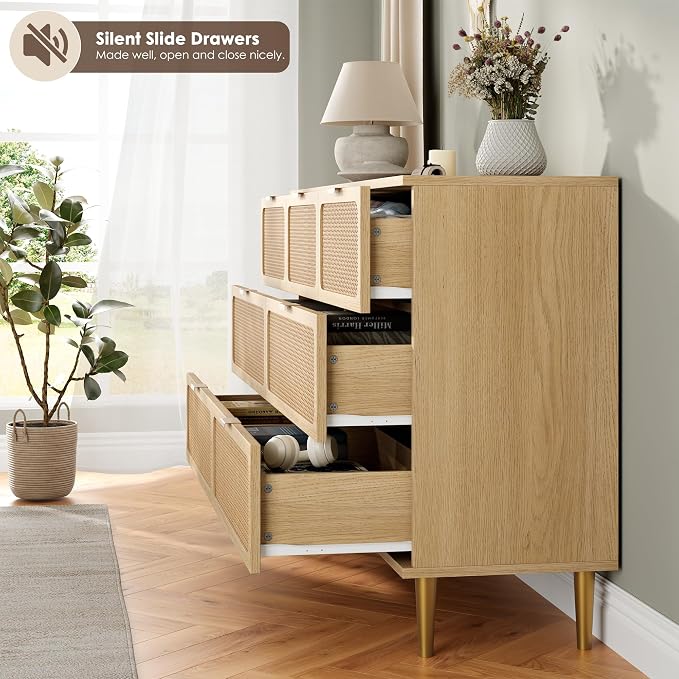 GarveeHome Rattan 7 Drawer Dressers for Bedroom, Deep Drawer, Natural | Tall Dresser, Wide Top, for Living Room, Hallway, Kids Room, Large Chest of Drawers for Closet, Long Wooden Dresser