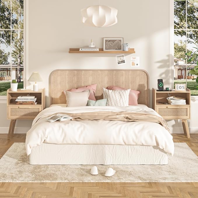 Lerliuo Rattan Nightstands Set of 2 with Charging Station, Boho Night Stand | Handmade Natural Rattan Drawer and Open Shelf, Side End Tables with Solid Wood Legs for Bedroom, Dorm, Small Spaces