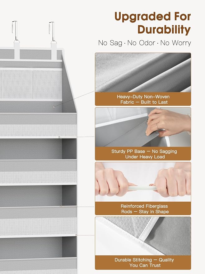 2 Pack Over The Door Organizer, Heavy-Duty 6-Shelf Hanging Storage with 13 Mesh Pockets, 55lbs Capacity Behind The Door Storage for Nursery, Bathroom, Bedroom, and Dorm, Grey