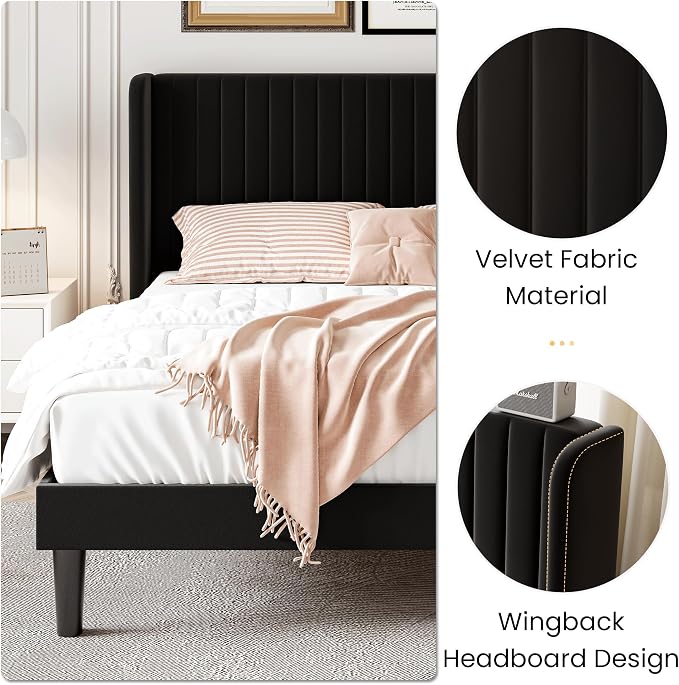 SHA CERLIN Full Size Velvet Bed Frame, Tufted Wingback Headboard, Black | 47'' Modern Vertical Channel Headboard, Upholstered Platform Bed, Wood Slats, No Box Spring Needed, Easy Assembly, Noise Free
