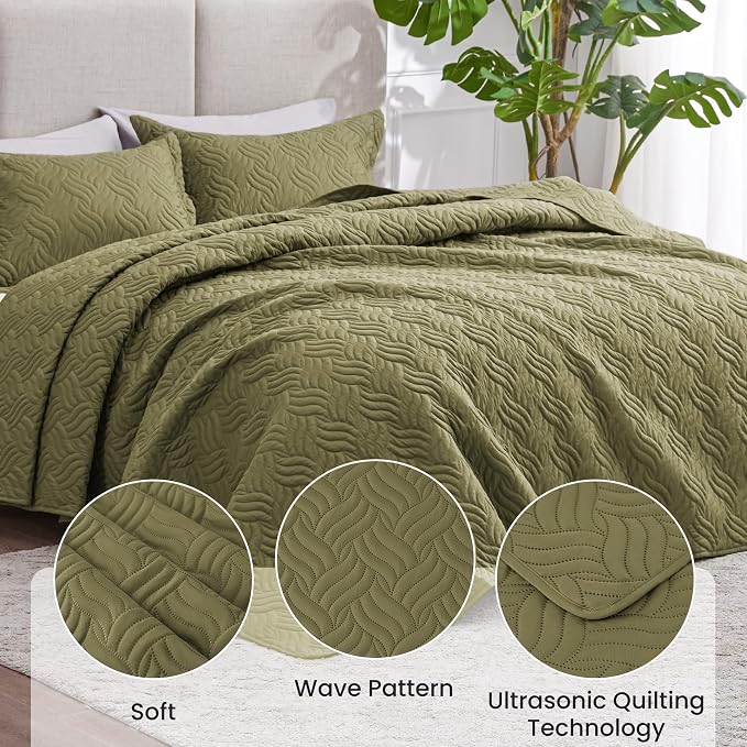 Love's cabin Quilts for Queen Bed Olive Green Bedspreads Bedding Set - Summer Lightweight Bedspread Comforter - Wave Pattern Bedding Coverlet for All Season - 3 Pieces (1 Quilt, 2 Pillow Shams)