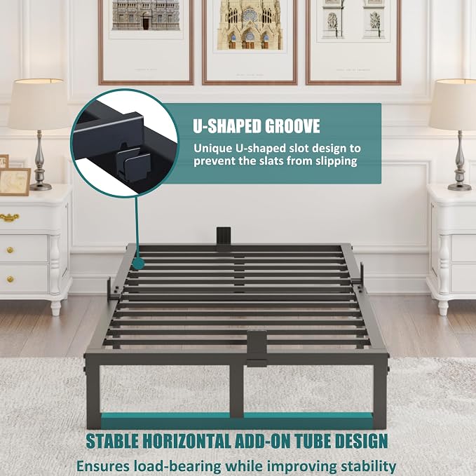 Yitong Angel 10 inch King Size Bed Frame Low Profile Metal Platform Frames with Mattress Slide Stopper,Heavy Steel Slats Support,No Box Spring Needed,Noise Free,Non-Slip,Easy Assembly