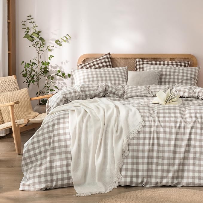 BESTOUCH Gingham Cotton Duvet Cover Set Linen Grey California King | Washed Cotton, Linen Feel, Soft Wrinkle Texture, Hidden Zipper, 8 Ties, Breathable Lightweight Durable Comfy, 3 Pcs No Insert
