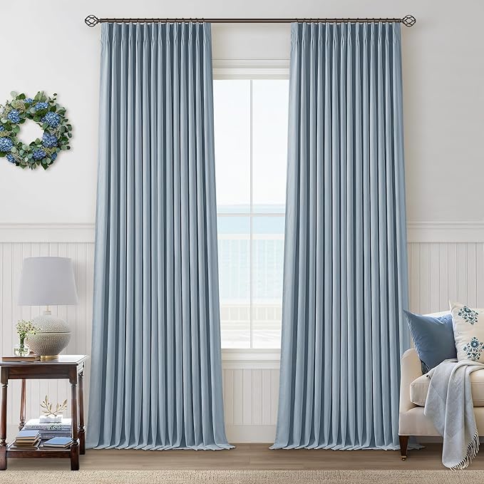 Dusty Blue 100% Blackout Linen 108 Inch Curtains for Bedroom Pinch Pleated | Black Out Drapes Lined 2 Layers, Memory Shape Trained, Noise Reduce, Blue Grey Coastal Modern, for Living Room Bedroom 40x108