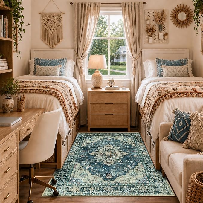 RELEANY Washable Area Rug, 3'x5', Blue/Vintage Dark Blue | Non-Slip, Water Repellent, Pet Friendly, Easy to Clean, Vintage Floral Boho Decor for Living Room Bedroom Beside Kitchen