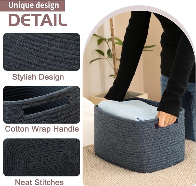 OIAHOMY 4 Pack Storage Baskets for Organizing 15L Cube Storage Bins Blue | Woven Baskets for Storage Rectangle Small Baskets With Handles Baskets for Shelves Wicker Baskets for Shelves 12.7x9x7.8inch