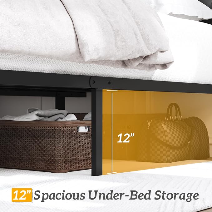 HISOFT Twin Bed Frame with Upholstered Button Tufted Headboard, Bed Frame Platform Metal Slats Support, Under Bed Storage, No Box Spring Needed, Noise-Free, Easy Assembly, Black