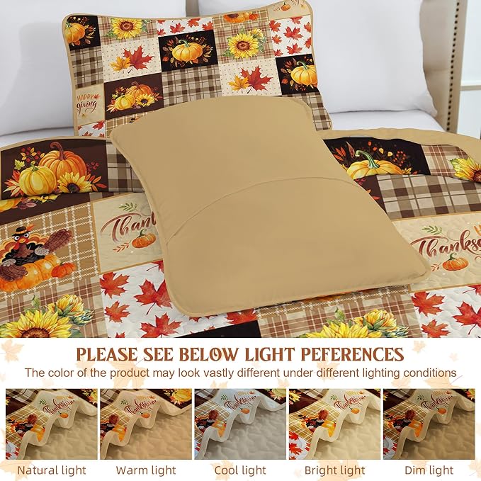 Fall Patchwork Quilt Set King, 3 Pieces Thanksgiving Bedding Set Brown | Sunflower Maple Leaves Pumpkin Pattern Bedspread, Soft Lightweight Microfiber Autumn Coverlet with 2 Pillow Shams (110"x90")