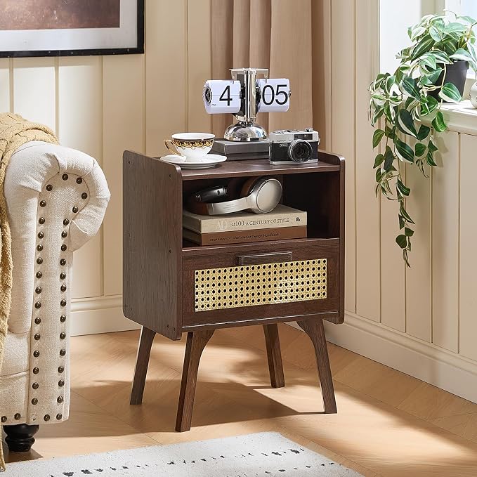 Lerliuo Rattan Nightstands Set of 2, Bedside Table with Drawer Open Shelf | Cane Accent Side End Table with Solid Wood Legs, Walnut Vintage Night Stand for Bedroom, Dorm and Small Spaces