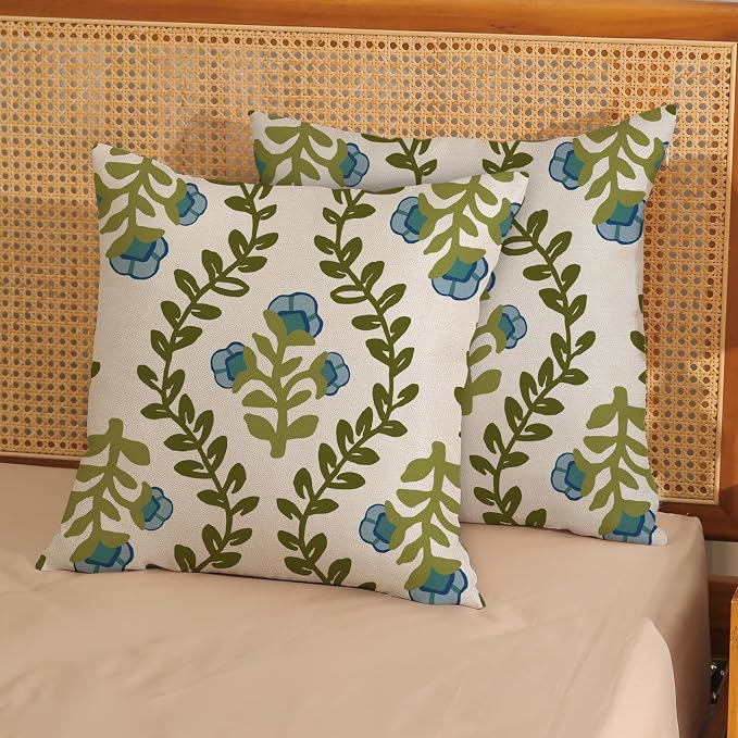Sage Green Boho Pillow Covers 22x22 Inch 2 Pcs Blue Green Floral Leaves Decor Throw Pillows Vintage Flower Seasonal Spring Summer Outdoor Farmhouse Pillowcase Linen Cushion Cover for Couch Sofa