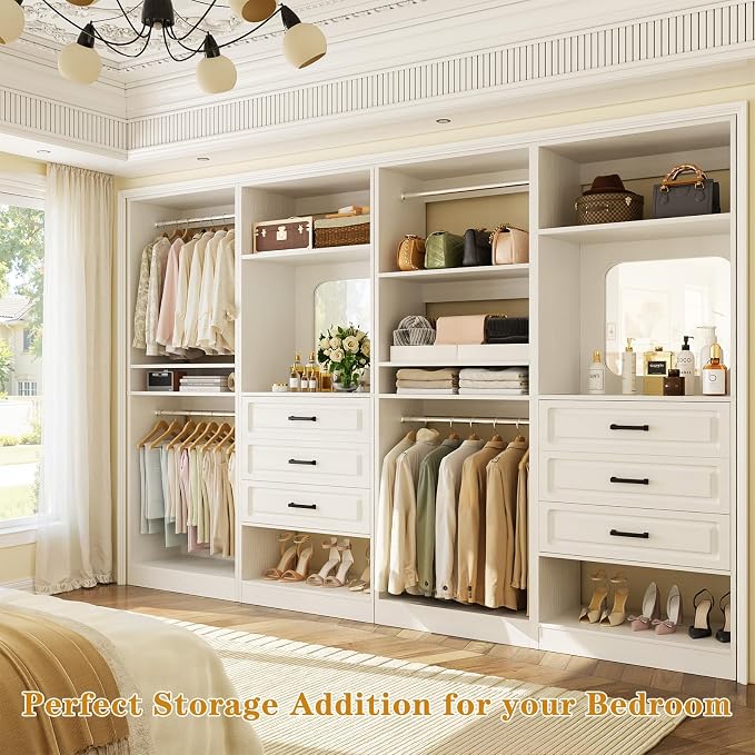 Unikito Closet System, 100" Closet Organizer with Drawers & Mirrors, White | Large Wood Walk-in Closet Wardrobe Organizer with Hanging Rods & Adjustable Shelves, Sturdy Freestanding Garment Rack Tower