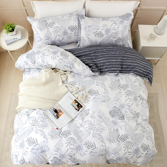 OAITE Queen Duvet Cover Set 3pcs 100% Cotton with Light Blue Tropical Leaf | Soft, Breathable,Long-lasting,Comfort,Hidden Zipper,8 Corner Ties,Easy Care for All Season