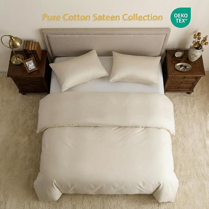 HeimenAogo Egyptian Cotton Duvet Cover Queen Size Sateen Weave, Silky Soft and Breathable Bedding Set with Zipper Closure, Long Staple Cotton Bed Linen (Linen Grey) 3Pcs