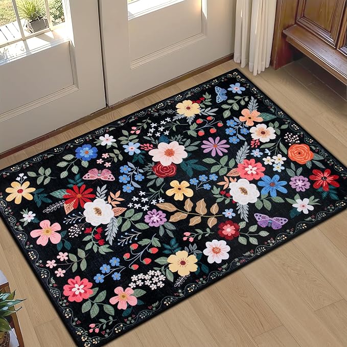 PLHXFR 2x3 Small Entryway Rug: Floral Washable Indoor Soft Carpet Black | For Entrance, Bedroom, Kitchen, Laundry, Bathroom,Door Mat,Vintage Floral,Machine washable,Non-Slip,Stain Resistant,Indoor