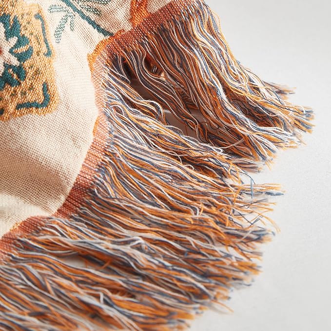 Boho Throw Blanket for Couch Sofa Bed, 100% Cotton Woven Quilt with Tassel 50”x60”, Super Soft Muslin Blanket with Floral Printed, Decorative Reversible Bed Blanket/Cover for All Seasons