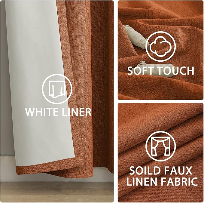 Yakamok Burnt Orange Linen Curtains 63 Inches Long for Living Room | 100% Blackout Curtains,Room Darkening Curtains,Thermal Grommet Bedroom Curtain 2 Panels with Greyish White Liner,52W x 63L