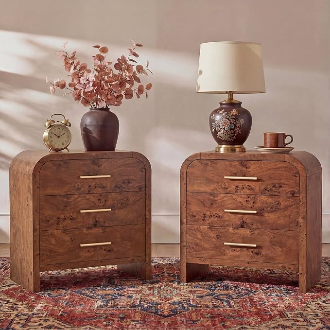 Night Stand Set of 2, 3-Drawer | [Curved Profile] [FSC-Certified Wooden Board] Nightstand 26.7"H Metal Handle Modern Bedside Table Side Table End Table