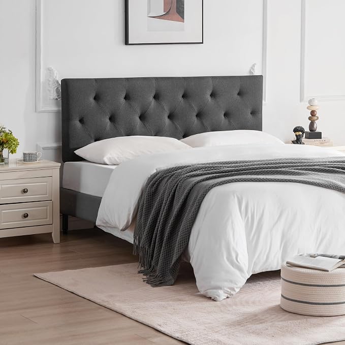 Linen Headboard King Size, Adjustable Height Headboard 37-51 in, Dark Gray | Diamond Tufting Solid Wood King Headboards, Durable Metal Legs, Upholstered King Head Board for Bed Frame, Modern Fabric