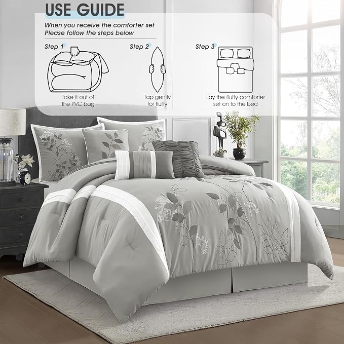 Grey California King Comforter Set, 7 Pieces Bed in a Bag, Elegant Floral Leaves Embroidery, Soft and Lightweight All Seasons Bedding Set, Bedskirt, Pillow Shams, Decor Pillows